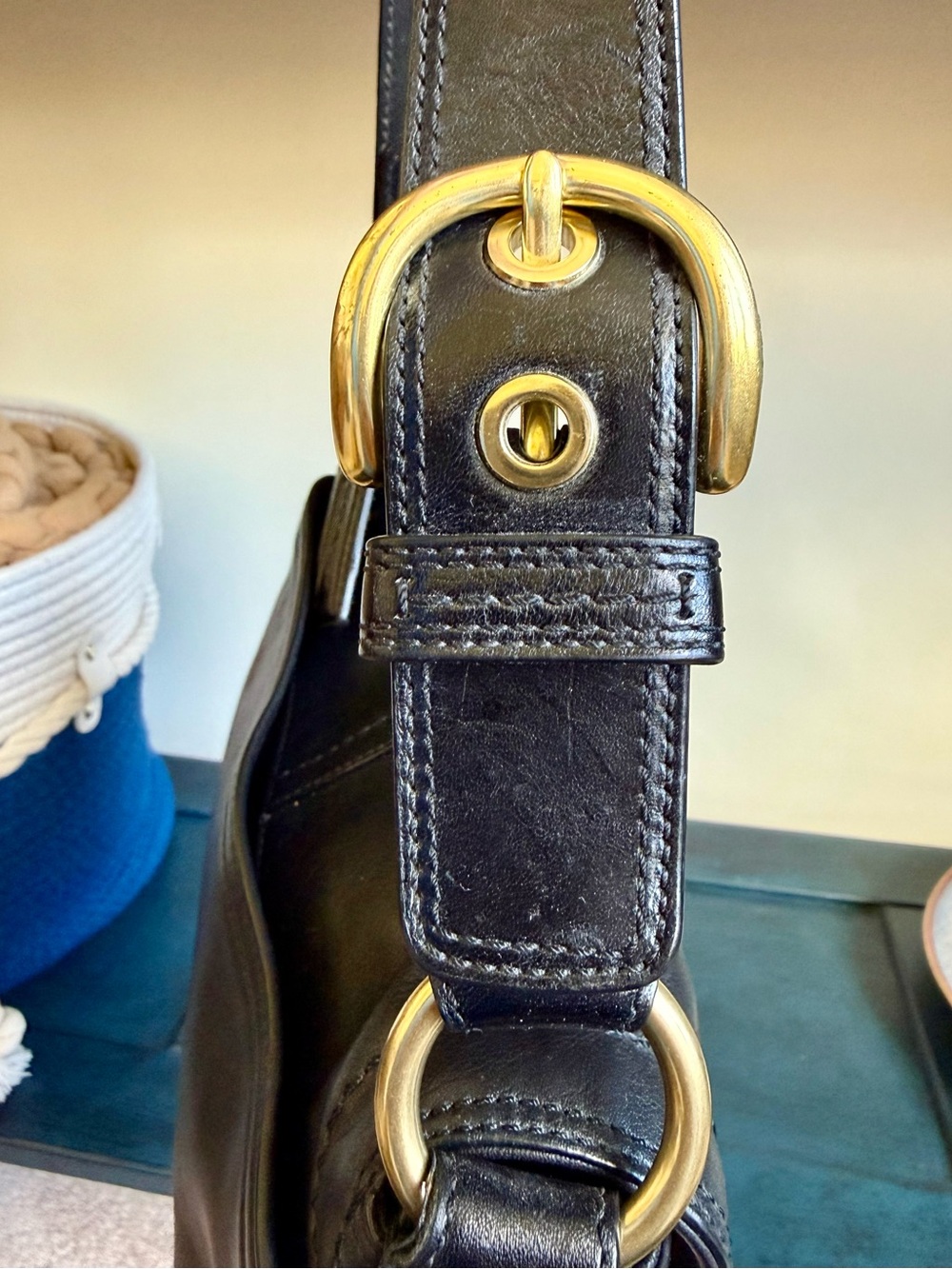 Black Leather Coach Shoulder Bag with Gold Buckle Accent - Picture 5 of 9